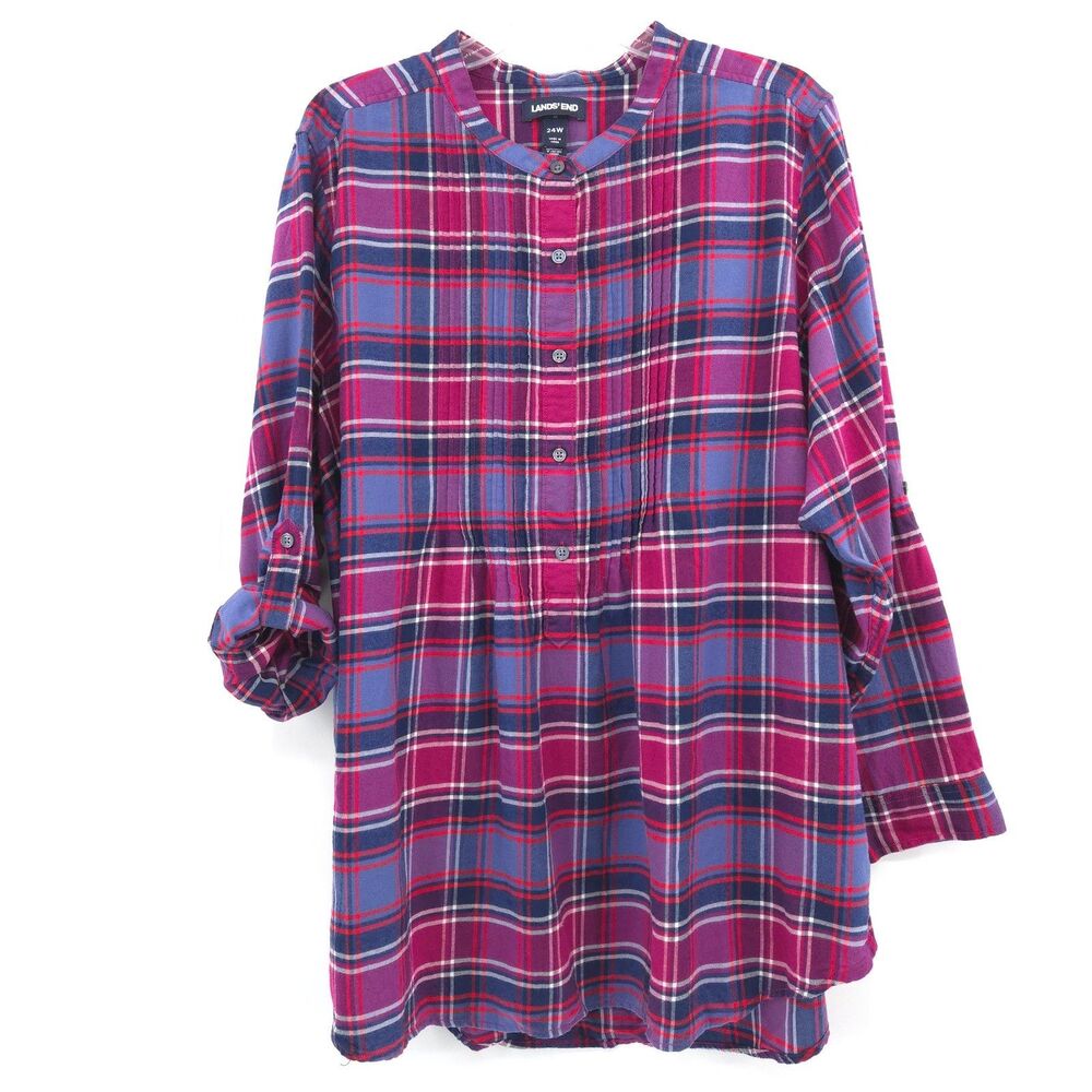 Lands' End plaid button flannel popover‎ top Size 24w roll tab sleeves cotton